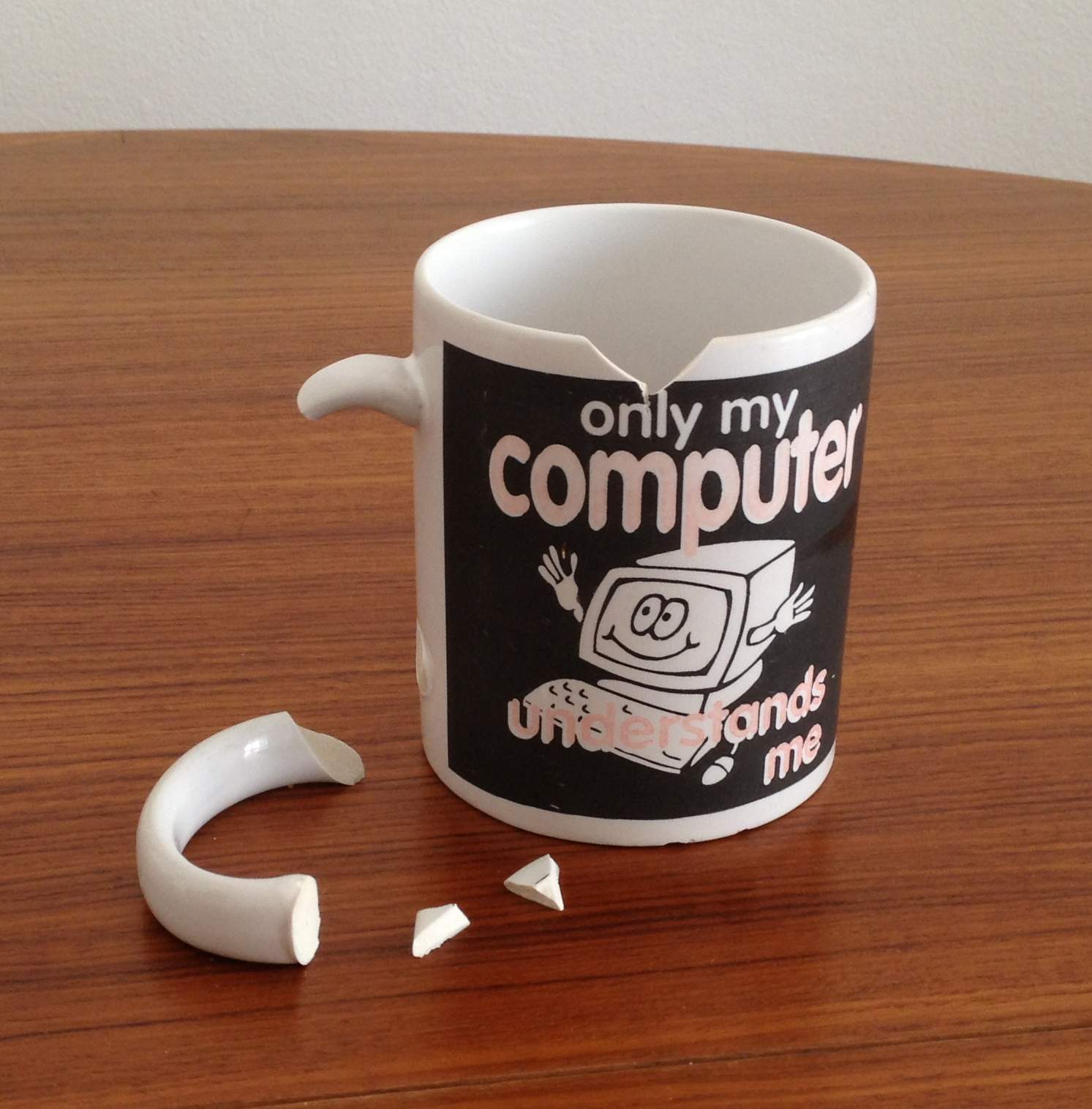 mug with chip in rim and broken handle, image on mug says "only my computer understands me"