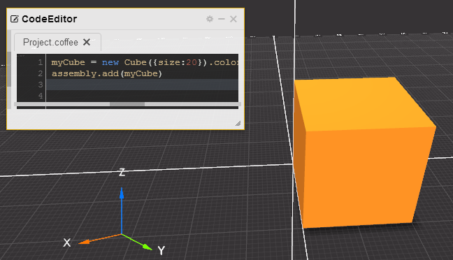 coffeescad screenshot showing code edit window and a rendered cube