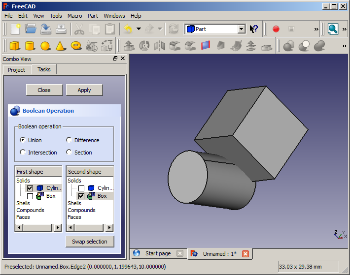 screenshot of FreeCAD showing a cylinder intersecting a cube and the Boolean operation window visible
