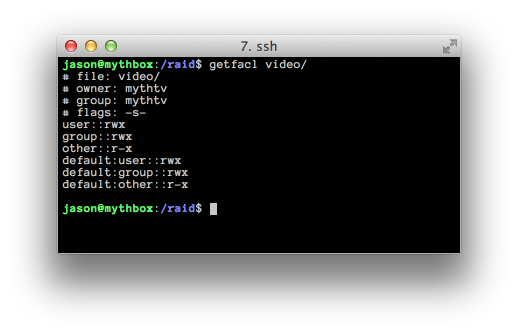 screenshot of terminal showing output of getfacl command on a file